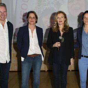 Exclusif - Thierry Jacob, Dr Amélie Paute, Valérie Trierweiler (ambassadrice du Raid) et Christelle Gauzet - Soirée du Finland Trophy (raid polaire 100% féminin) à l'ambassade de Finlande, à Paris, le 29 mars 2018. © Pierre Perusseau/Bestimage