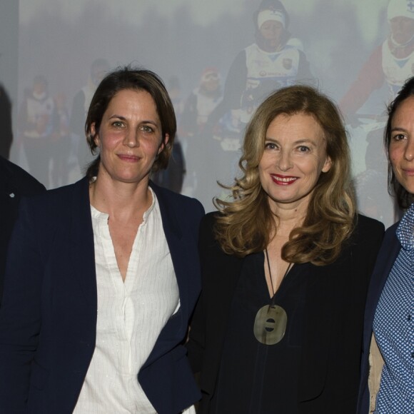 Exclusif - Thierry Jacob, Dr Amélie Paute, Valérie Trierweiler (ambassadrice du Raid) et Christelle Gauzet - Soirée du Finland Trophy (raid polaire 100% féminin) à l'ambassade de Finlande, à Paris, le 29 mars 2018. © Pierre Perusseau/Bestimage