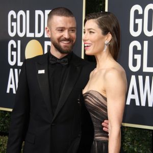 Jessica Biel et son mari Justin Timberlake sur le tapis rouge de la 75e cérémonie des Golden Globe Awards au Beverly Hilton à Los Angeles, le 7 janvier 2018.