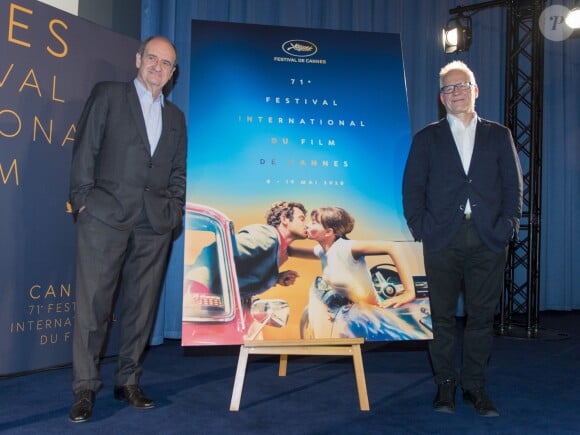 Pierre Lescure et Thierry Frémaux lors de la conférence de presse du 71e Festival de Cannes au cinéma UGC Normandie à Paris, le 12 avril 2018. © Pierre Perusseau/Bestimage