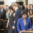 Le prince Harry et Meghan Markle, derrière Doreen Lawrence, mère du défunt, ont assisté ensemble, le 23 avril 2018 en l'église St Martin-in-the-fileds à Londres, à la cérémonie commémorant le 25e anniversaire de l'assassinat de Stephen Lawrence, victime à 18 ans d'un crime raciste.