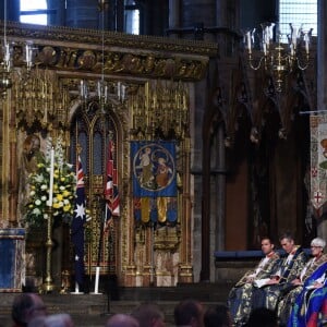 Le prince William, duc de Cambridge, assistait en compagnie du prince Harry et de Meghan Markle à la messe de commémoration de l'ANZAC Day en l'abbaye de Westminster à Londres le 25 avril 2018.