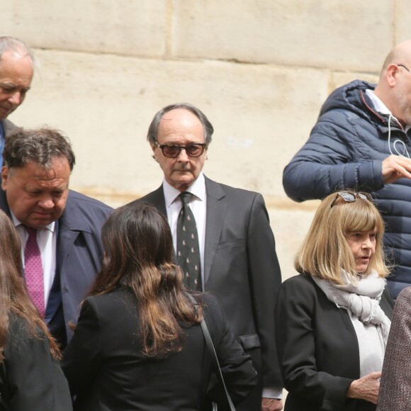 Chantal Goya et des proches - Obsèques de la mère de Chantal Goya, Colette Dartiguenave De Guerre, en l'église Saint-Roch à Paris. Le 26 avril 2018.