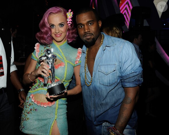 (L-R) Katy Perry and Kanye West backstage at the 2011 MTV Video Music Awards at the Nokia Theatre L.A. Live in Los Angeles, CA, USA on August 28, 2011. Photo by Frank Micelotta/PictureGroup/ABACAPRESS.COM28/08/2011 - Los Angeles