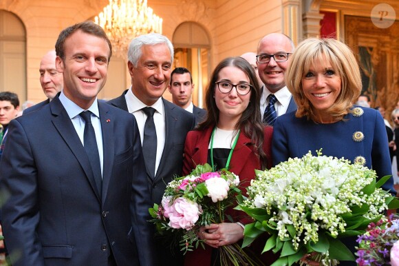 Brigitte et Emmanuel Macron lors d'une réception pour le commerce alimentaire de proximité au Palais de l'Elysée à Paris, France, le 29 avril 2018. © Christian Liewig/Pool/Bestimage