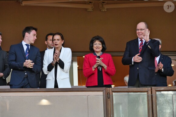 La princesse Stéphanie de Monaco a assisté avec son fils Louis Ducruet et son frère le prince Albert II de Monaco au match de Ligue 1 entre l'AS Monaco et l'AS Saint-Etienne le 12 mai 2018 au stade Louis-II, qui a vu les Monégasques s'imposer 1 à 0 grâce à un but dans les arrêts de jeu. © Bruno Bebert/Bestimage