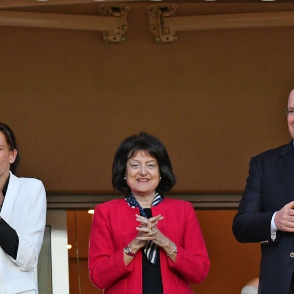 La princesse Stéphanie de Monaco a assisté avec son fils Louis Ducruet et son frère le prince Albert II de Monaco au match de Ligue 1 entre l'AS Monaco et l'AS Saint-Etienne le 12 mai 2018 au stade Louis-II, qui a vu les Monégasques s'imposer 1 à 0 grâce à un but dans les arrêts de jeu. © Bruno Bebert/Bestimage