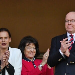 La princesse Stéphanie de Monaco a assisté avec son fils Louis Ducruet et son frère le prince Albert II de Monaco au match de Ligue 1 entre l'AS Monaco et l'AS Saint-Etienne le 12 mai 2018 au stade Louis-II, qui a vu les Monégasques s'imposer 1 à 0 grâce à un but dans les arrêts de jeu. © Bruno Bebert/Bestimage