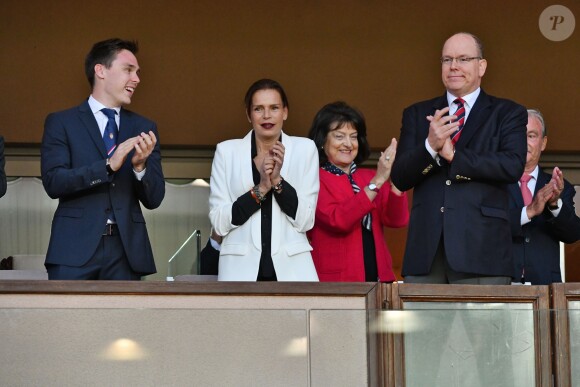 La princesse Stéphanie de Monaco a assisté avec son fils Louis Ducruet et son frère le prince Albert II de Monaco au match de Ligue 1 entre l'AS Monaco et l'AS Saint-Etienne le 12 mai 2018 au stade Louis-II, qui a vu les Monégasques s'imposer 1 à 0 grâce à un but dans les arrêts de jeu. © Bruno Bebert/Bestimage