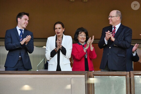 La princesse Stéphanie de Monaco a assisté avec son fils Louis Ducruet et son frère le prince Albert II de Monaco au match de Ligue 1 entre l'AS Monaco et l'AS Saint-Etienne le 12 mai 2018 au stade Louis-II, qui a vu les Monégasques s'imposer 1 à 0 grâce à un but dans les arrêts de jeu. © Bruno Bebert/Bestimage