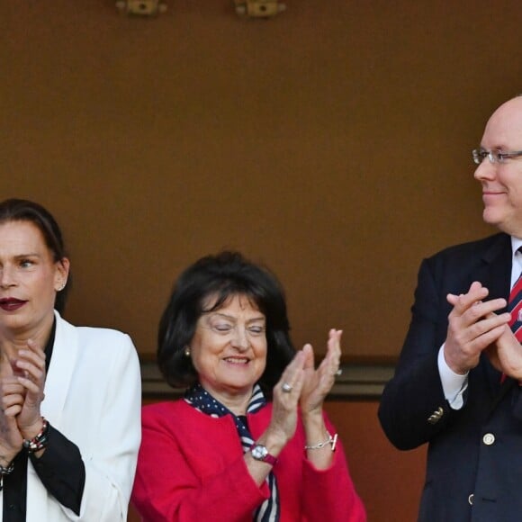 La princesse Stéphanie de Monaco a assisté avec son fils Louis Ducruet et son frère le prince Albert II de Monaco au match de Ligue 1 entre l'AS Monaco et l'AS Saint-Etienne le 12 mai 2018 au stade Louis-II, qui a vu les Monégasques s'imposer 1 à 0 grâce à un but dans les arrêts de jeu. © Bruno Bebert/Bestimage