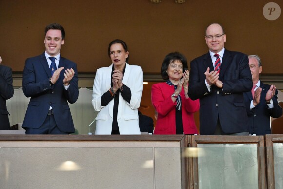 La princesse Stéphanie de Monaco a assisté avec son fils Louis Ducruet et son frère le prince Albert II de Monaco au match de Ligue 1 entre l'AS Monaco et l'AS Saint-Etienne le 12 mai 2018 au stade Louis-II, qui a vu les Monégasques s'imposer 1 à 0 grâce à un but dans les arrêts de jeu. © Bruno Bebert/Bestimage