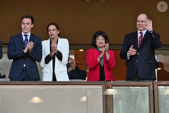 La princesse Stéphanie de Monaco a assisté avec son fils Louis Ducruet et son frère le prince Albert II de Monaco au match de Ligue 1 entre l'AS Monaco et l'AS Saint-Etienne le 12 mai 2018 au stade Louis-II, qui a vu les Monégasques s'imposer 1 à 0 grâce à un but dans les arrêts de jeu. © Bruno Bebert/Bestimage