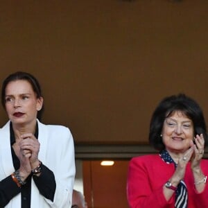 La princesse Stéphanie de Monaco a assisté avec son fils Louis Ducruet et son frère le prince Albert II de Monaco au match de Ligue 1 entre l'AS Monaco et l'AS Saint-Etienne le 12 mai 2018 au stade Louis-II, qui a vu les Monégasques s'imposer 1 à 0 grâce à un but dans les arrêts de jeu. © Bruno Bebert/Bestimage