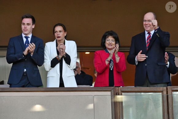 La princesse Stéphanie de Monaco a assisté avec son fils Louis Ducruet et son frère le prince Albert II de Monaco au match de Ligue 1 entre l'AS Monaco et l'AS Saint-Etienne le 12 mai 2018 au stade Louis-II, qui a vu les Monégasques s'imposer 1 à 0 grâce à un but dans les arrêts de jeu. © Bruno Bebert/Bestimage