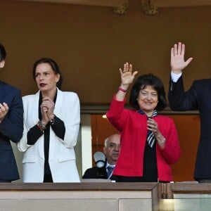 La princesse Stéphanie de Monaco a assisté avec son fils Louis Ducruet et son frère le prince Albert II de Monaco au match de Ligue 1 entre l'AS Monaco et l'AS Saint-Etienne le 12 mai 2018 au stade Louis-II, qui a vu les Monégasques s'imposer 1 à 0 grâce à un but dans les arrêts de jeu. © Bruno Bebert/Bestimage