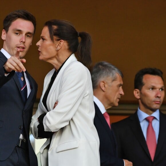 La princesse Stéphanie de Monaco a assisté avec son fils Louis Ducruet et son frère le prince Albert II de Monaco au match de Ligue 1 entre l'AS Monaco et l'AS Saint-Etienne le 12 mai 2018 au stade Louis-II, qui a vu les Monégasques s'imposer 1 à 0 grâce à un but dans les arrêts de jeu. © Bruno Bebert/Bestimage