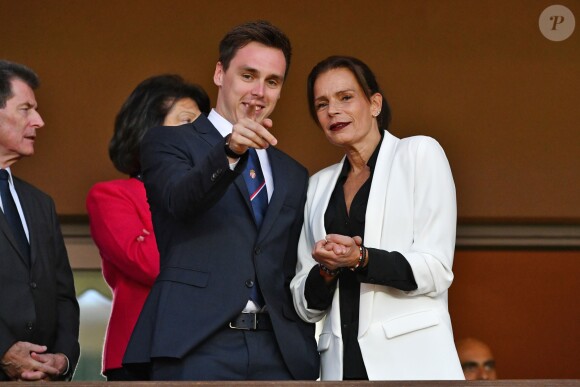 La princesse Stéphanie de Monaco a assisté avec son fils Louis Ducruet et son frère le prince Albert II de Monaco au match de Ligue 1 entre l'AS Monaco et l'AS Saint-Etienne le 12 mai 2018 au stade Louis-II, qui a vu les Monégasques s'imposer 1 à 0 grâce à un but dans les arrêts de jeu. © Bruno Bebert/Bestimage
