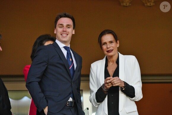 La princesse Stéphanie de Monaco a assisté avec son fils Louis Ducruet et son frère le prince Albert II de Monaco au match de Ligue 1 entre l'AS Monaco et l'AS Saint-Etienne le 12 mai 2018 au stade Louis-II, qui a vu les Monégasques s'imposer 1 à 0 grâce à un but dans les arrêts de jeu. © Bruno Bebert/Bestimage