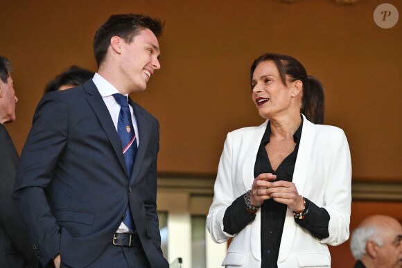 La princesse Stéphanie de Monaco a assisté avec son fils Louis Ducruet et son frère le prince Albert II de Monaco au match de Ligue 1 entre l'AS Monaco et l'AS Saint-Etienne le 12 mai 2018 au stade Louis-II, qui a vu les Monégasques s'imposer 1 à 0 grâce à un but dans les arrêts de jeu. © Bruno Bebert/Bestimage