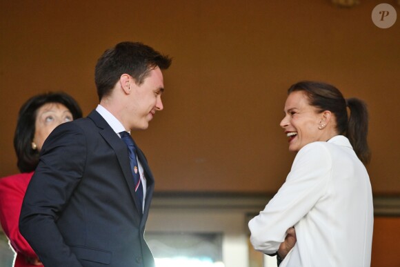 La princesse Stéphanie de Monaco a assisté avec son fils Louis Ducruet et son frère le prince Albert II de Monaco au match de Ligue 1 entre l'AS Monaco et l'AS Saint-Etienne le 12 mai 2018 au stade Louis-II, qui a vu les Monégasques s'imposer 1 à 0 grâce à un but dans les arrêts de jeu. © Bruno Bebert/Bestimage