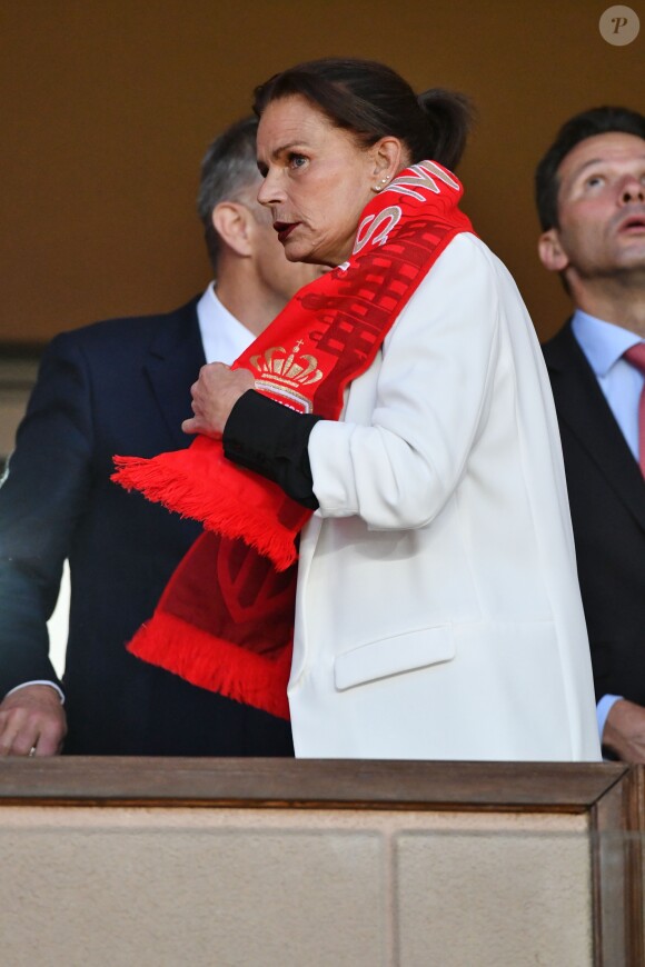La princesse Stéphanie de Monaco a assisté avec son fils Louis Ducruet et son frère le prince Albert II de Monaco au match de Ligue 1 entre l'AS Monaco et l'AS Saint-Etienne le 12 mai 2018 au stade Louis-II, qui a vu les Monégasques s'imposer 1 à 0 grâce à un but dans les arrêts de jeu. © Bruno Bebert/Bestimage