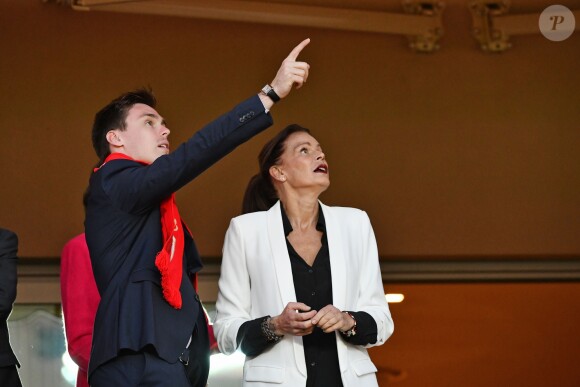 La princesse Stéphanie de Monaco a assisté avec son fils Louis Ducruet et son frère le prince Albert II de Monaco au match de Ligue 1 entre l'AS Monaco et l'AS Saint-Etienne le 12 mai 2018 au stade Louis-II, qui a vu les Monégasques s'imposer 1 à 0 grâce à un but dans les arrêts de jeu. © Bruno Bebert/Bestimage