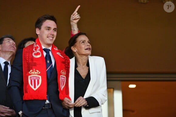 La princesse Stéphanie de Monaco a assisté avec son fils Louis Ducruet et son frère le prince Albert II de Monaco au match de Ligue 1 entre l'AS Monaco et l'AS Saint-Etienne le 12 mai 2018 au stade Louis-II, qui a vu les Monégasques s'imposer 1 à 0 grâce à un but dans les arrêts de jeu. © Bruno Bebert/Bestimage