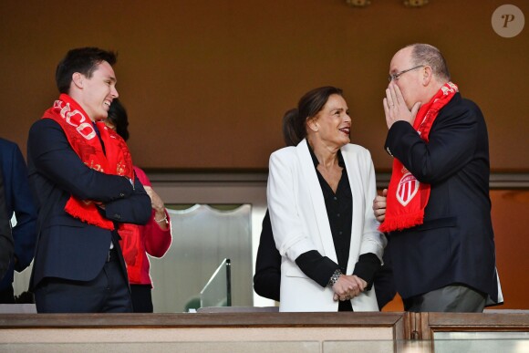 La princesse Stéphanie de Monaco a assisté avec son fils Louis Ducruet et son frère le prince Albert II de Monaco au match de Ligue 1 entre l'AS Monaco et l'AS Saint-Etienne le 12 mai 2018 au stade Louis-II, qui a vu les Monégasques s'imposer 1 à 0 grâce à un but dans les arrêts de jeu. © Bruno Bebert/Bestimage