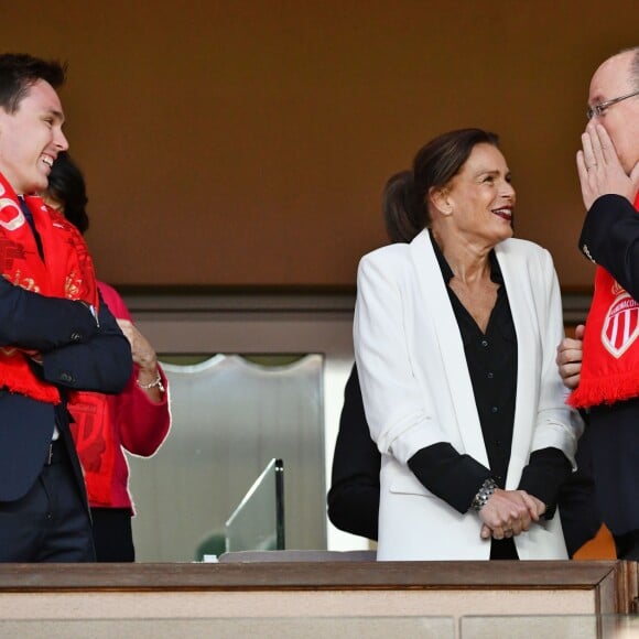 La princesse Stéphanie de Monaco a assisté avec son fils Louis Ducruet et son frère le prince Albert II de Monaco au match de Ligue 1 entre l'AS Monaco et l'AS Saint-Etienne le 12 mai 2018 au stade Louis-II, qui a vu les Monégasques s'imposer 1 à 0 grâce à un but dans les arrêts de jeu. © Bruno Bebert/Bestimage