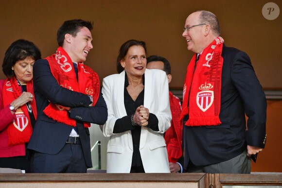 La princesse Stéphanie de Monaco a assisté avec son fils Louis Ducruet et son frère le prince Albert II de Monaco au match de Ligue 1 entre l'AS Monaco et l'AS Saint-Etienne le 12 mai 2018 au stade Louis-II, qui a vu les Monégasques s'imposer 1 à 0 grâce à un but dans les arrêts de jeu. © Bruno Bebert/Bestimage
