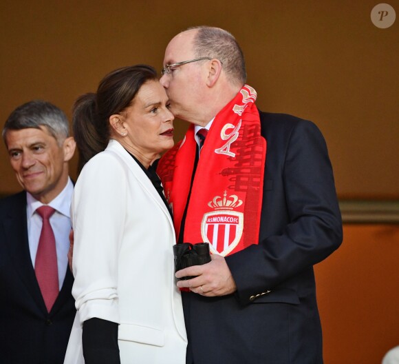 La princesse Stéphanie de Monaco a assisté avec son fils Louis Ducruet et son frère le prince Albert II de Monaco au match de Ligue 1 entre l'AS Monaco et l'AS Saint-Etienne le 12 mai 2018 au stade Louis-II, qui a vu les Monégasques s'imposer 1 à 0 grâce à un but dans les arrêts de jeu. © Bruno Bebert/Bestimage