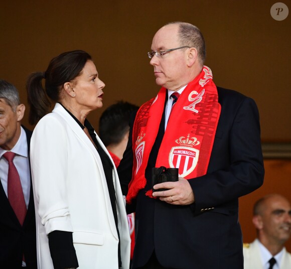 La princesse Stéphanie de Monaco a assisté avec son fils Louis Ducruet et son frère le prince Albert II de Monaco au match de Ligue 1 entre l'AS Monaco et l'AS Saint-Etienne le 12 mai 2018 au stade Louis-II, qui a vu les Monégasques s'imposer 1 à 0 grâce à un but dans les arrêts de jeu. © Bruno Bebert/Bestimage
