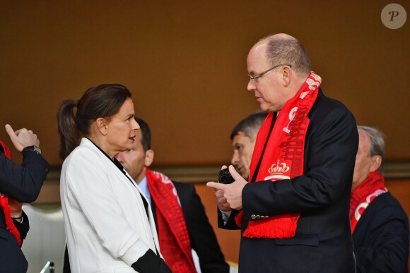La princesse Stéphanie de Monaco a assisté avec son fils Louis Ducruet et son frère le prince Albert II de Monaco au match de Ligue 1 entre l'AS Monaco et l'AS Saint-Etienne le 12 mai 2018 au stade Louis-II, qui a vu les Monégasques s'imposer 1 à 0 grâce à un but dans les arrêts de jeu. © Bruno Bebert/Bestimage