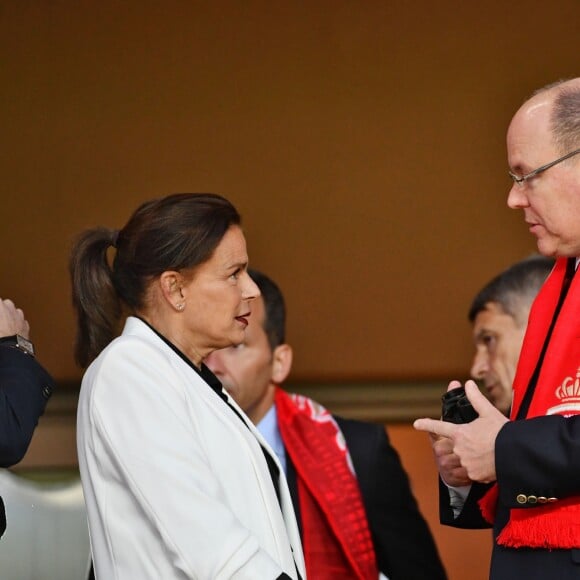 La princesse Stéphanie de Monaco a assisté avec son fils Louis Ducruet et son frère le prince Albert II de Monaco au match de Ligue 1 entre l'AS Monaco et l'AS Saint-Etienne le 12 mai 2018 au stade Louis-II, qui a vu les Monégasques s'imposer 1 à 0 grâce à un but dans les arrêts de jeu. © Bruno Bebert/Bestimage