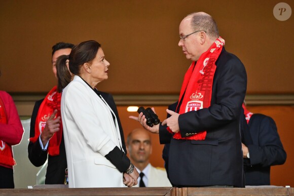 La princesse Stéphanie de Monaco a assisté avec son fils Louis Ducruet et son frère le prince Albert II de Monaco au match de Ligue 1 entre l'AS Monaco et l'AS Saint-Etienne le 12 mai 2018 au stade Louis-II, qui a vu les Monégasques s'imposer 1 à 0 grâce à un but dans les arrêts de jeu. © Bruno Bebert/Bestimage