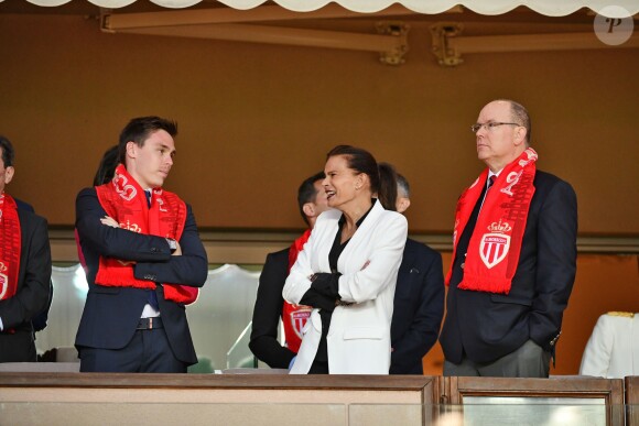 La princesse Stéphanie de Monaco a assisté avec son fils Louis Ducruet et son frère le prince Albert II de Monaco au match de Ligue 1 entre l'AS Monaco et l'AS Saint-Etienne le 12 mai 2018 au stade Louis-II, qui a vu les Monégasques s'imposer 1 à 0 grâce à un but dans les arrêts de jeu. © Bruno Bebert/Bestimage