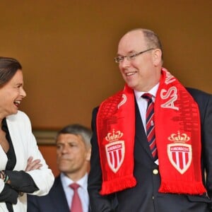 La princesse Stéphanie de Monaco a assisté avec son fils Louis Ducruet et son frère le prince Albert II de Monaco au match de Ligue 1 entre l'AS Monaco et l'AS Saint-Etienne le 12 mai 2018 au stade Louis-II, qui a vu les Monégasques s'imposer 1 à 0 grâce à un but dans les arrêts de jeu. © Bruno Bebert/Bestimage