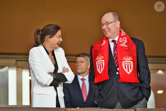 La princesse Stéphanie de Monaco a assisté avec son fils Louis Ducruet et son frère le prince Albert II de Monaco au match de Ligue 1 entre l'AS Monaco et l'AS Saint-Etienne le 12 mai 2018 au stade Louis-II, qui a vu les Monégasques s'imposer 1 à 0 grâce à un but dans les arrêts de jeu. © Bruno Bebert/Bestimage