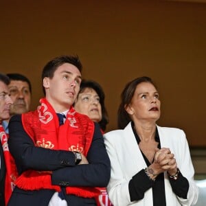 La princesse Stéphanie de Monaco a assisté avec son fils Louis Ducruet et son frère le prince Albert II de Monaco au match de Ligue 1 entre l'AS Monaco et l'AS Saint-Etienne le 12 mai 2018 au stade Louis-II, qui a vu les Monégasques s'imposer 1 à 0 grâce à un but dans les arrêts de jeu. © Bruno Bebert/Bestimage