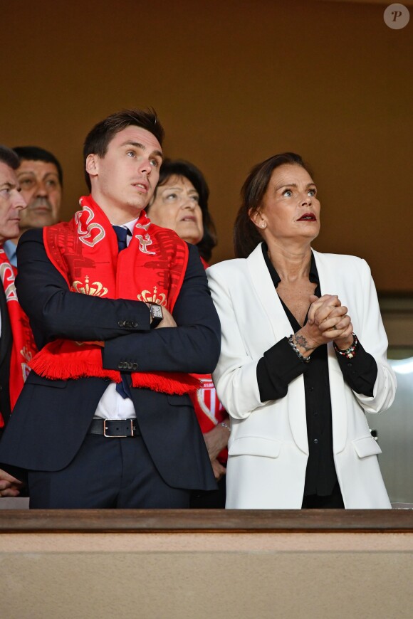 La princesse Stéphanie de Monaco a assisté avec son fils Louis Ducruet et son frère le prince Albert II de Monaco au match de Ligue 1 entre l'AS Monaco et l'AS Saint-Etienne le 12 mai 2018 au stade Louis-II, qui a vu les Monégasques s'imposer 1 à 0 grâce à un but dans les arrêts de jeu. © Bruno Bebert/Bestimage