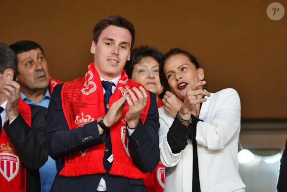 La princesse Stéphanie de Monaco a assisté avec son fils Louis Ducruet et son frère le prince Albert II de Monaco au match de Ligue 1 entre l'AS Monaco et l'AS Saint-Etienne le 12 mai 2018 au stade Louis-II, qui a vu les Monégasques s'imposer 1 à 0 grâce à un but dans les arrêts de jeu. © Bruno Bebert/Bestimage