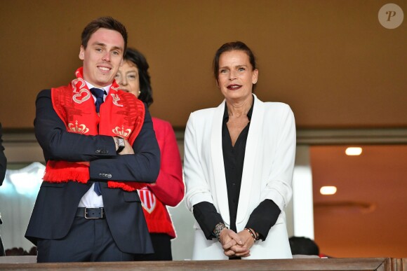 La princesse Stéphanie de Monaco a assisté avec son fils Louis Ducruet et son frère le prince Albert II de Monaco au match de Ligue 1 entre l'AS Monaco et l'AS Saint-Etienne le 12 mai 2018 au stade Louis-II, qui a vu les Monégasques s'imposer 1 à 0 grâce à un but dans les arrêts de jeu. © Bruno Bebert/Bestimage