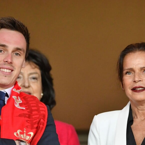 La princesse Stéphanie de Monaco a assisté avec son fils Louis Ducruet et son frère le prince Albert II de Monaco au match de Ligue 1 entre l'AS Monaco et l'AS Saint-Etienne le 12 mai 2018 au stade Louis-II, qui a vu les Monégasques s'imposer 1 à 0 grâce à un but dans les arrêts de jeu. © Bruno Bebert/Bestimage