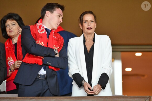 La princesse Stéphanie de Monaco a assisté avec son fils Louis Ducruet et son frère le prince Albert II de Monaco au match de Ligue 1 entre l'AS Monaco et l'AS Saint-Etienne le 12 mai 2018 au stade Louis-II, qui a vu les Monégasques s'imposer 1 à 0 grâce à un but dans les arrêts de jeu. © Bruno Bebert/Bestimage