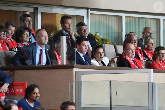 La princesse Stéphanie de Monaco a assisté avec son fils Louis Ducruet et son frère le prince Albert II de Monaco au match de Ligue 1 entre l'AS Monaco et l'AS Saint-Etienne le 12 mai 2018 au stade Louis-II, qui a vu les Monégasques s'imposer 1 à 0 grâce à un but dans les arrêts de jeu. © Bruno Bebert/Bestimage
