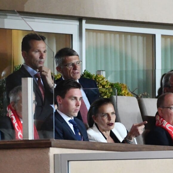 La princesse Stéphanie de Monaco a assisté avec son fils Louis Ducruet et son frère le prince Albert II de Monaco au match de Ligue 1 entre l'AS Monaco et l'AS Saint-Etienne le 12 mai 2018 au stade Louis-II, qui a vu les Monégasques s'imposer 1 à 0 grâce à un but dans les arrêts de jeu. © Bruno Bebert/Bestimage