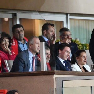 La princesse Stéphanie de Monaco a assisté avec son fils Louis Ducruet et son frère le prince Albert II de Monaco au match de Ligue 1 entre l'AS Monaco et l'AS Saint-Etienne le 12 mai 2018 au stade Louis-II, qui a vu les Monégasques s'imposer 1 à 0 grâce à un but dans les arrêts de jeu. © Bruno Bebert/Bestimage