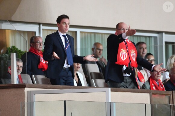 La princesse Stéphanie de Monaco a assisté avec son fils Louis Ducruet et son frère le prince Albert II de Monaco au match de Ligue 1 entre l'AS Monaco et l'AS Saint-Etienne le 12 mai 2018 au stade Louis-II, qui a vu les Monégasques s'imposer 1 à 0 grâce à un but dans les arrêts de jeu. © Bruno Bebert/Bestimage