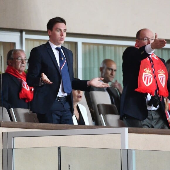 La princesse Stéphanie de Monaco a assisté avec son fils Louis Ducruet et son frère le prince Albert II de Monaco au match de Ligue 1 entre l'AS Monaco et l'AS Saint-Etienne le 12 mai 2018 au stade Louis-II, qui a vu les Monégasques s'imposer 1 à 0 grâce à un but dans les arrêts de jeu. © Bruno Bebert/Bestimage